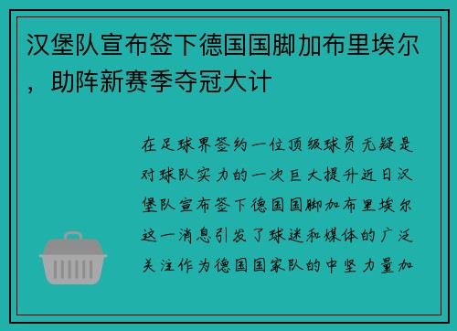 汉堡队宣布签下德国国脚加布里埃尔，助阵新赛季夺冠大计